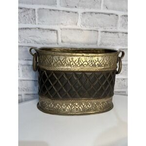 Vintage Brass & Black Repoussé Planter w/ Ring Handles/Kindling Holder